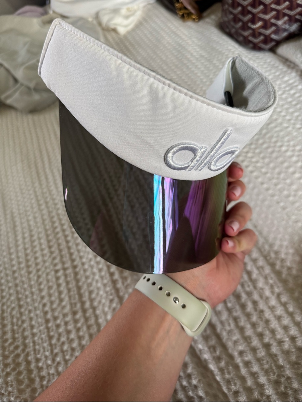 ALO Yoga White Visor with Iridescent Green and Purple Shield - Picture 4 of 5